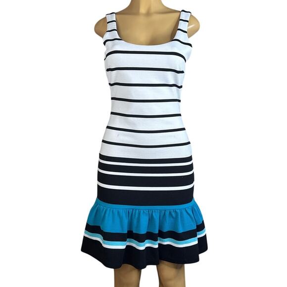 Michael Kors Striped Sleeveless Dress Ruffle Hem White Black Blue Size 4 - Picture 1 of 10